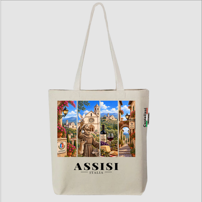 Castellesi Assisi Cartoline tote with four-panel Assisi cityscape design