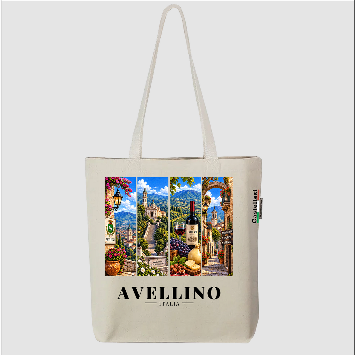 Castellesi Avellino Cartoline tote with four-panel Avellino cityscape design
