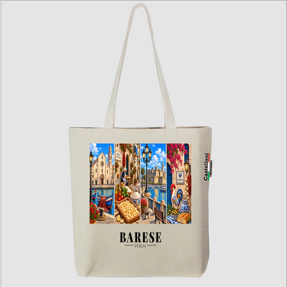 Castellesi Barese Cartoline tote with four-panel Barese cityscape design