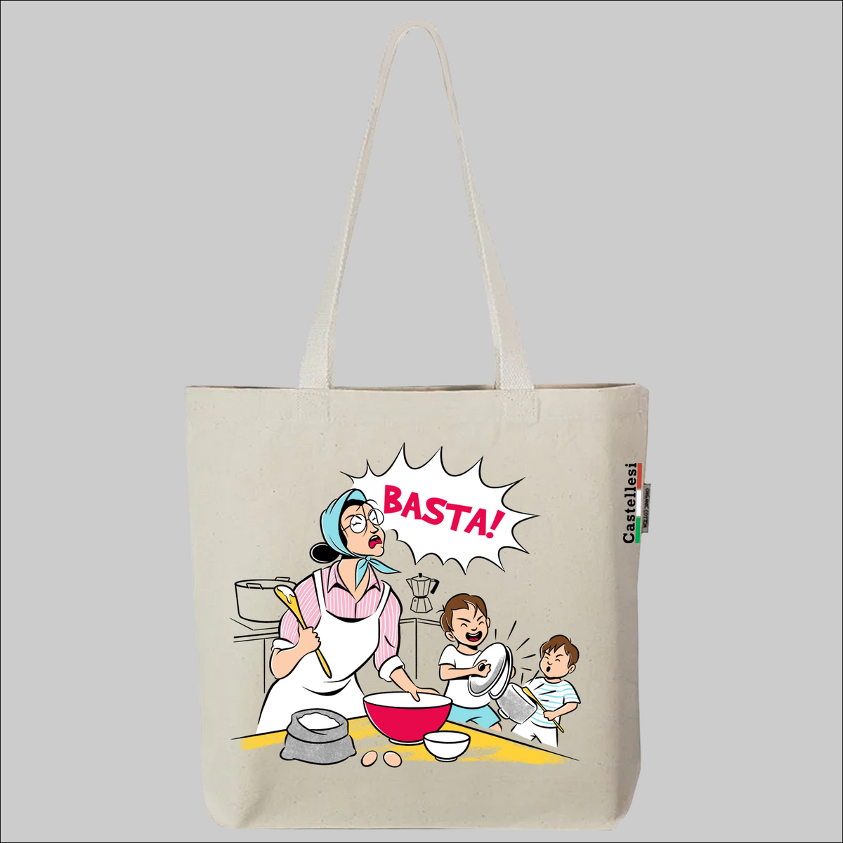 Castellesi Basta tote with Italian heritage graphic