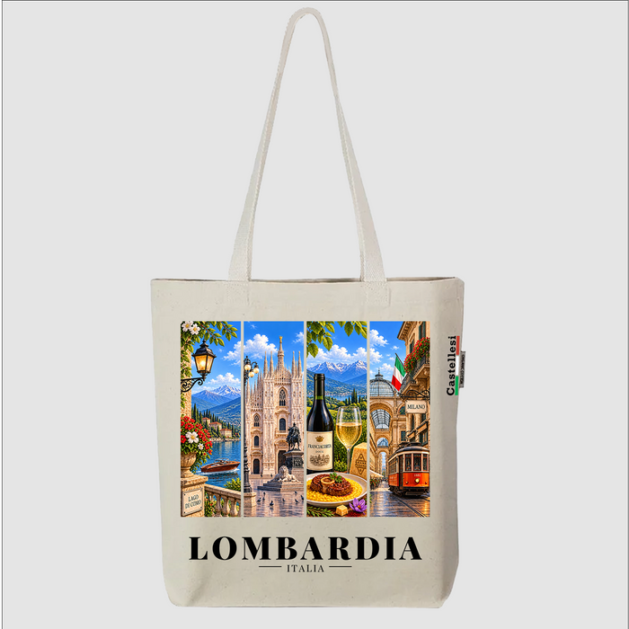 Castellesi Lombardia Cartoline tote with four-panel Lombardia cityscape design