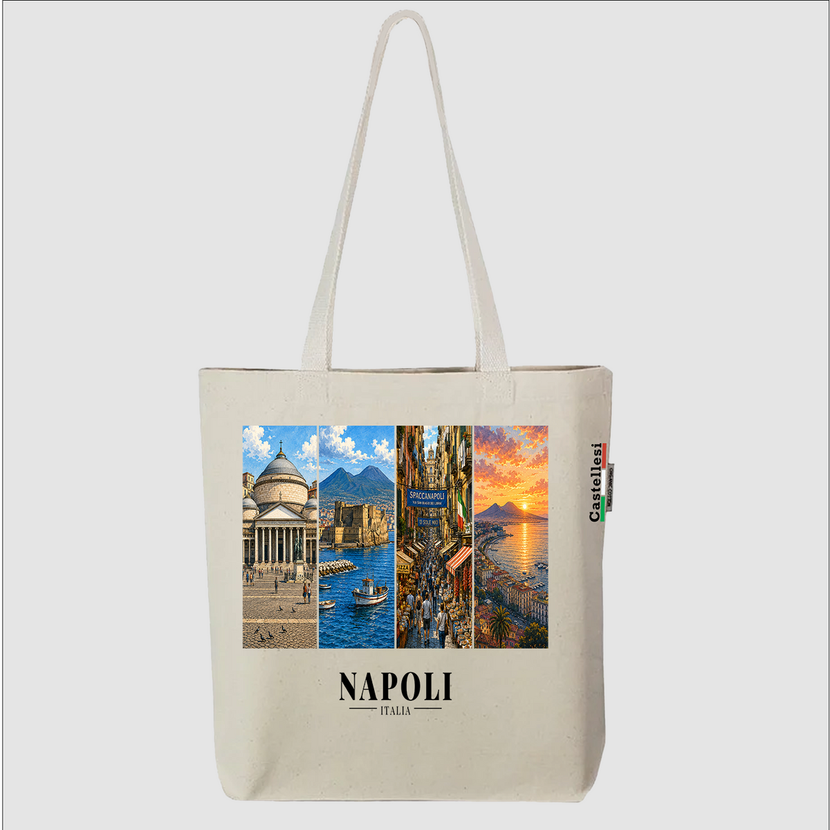 Castellesi Napoli Cartoline tote with four-panel Napoli cityscape design