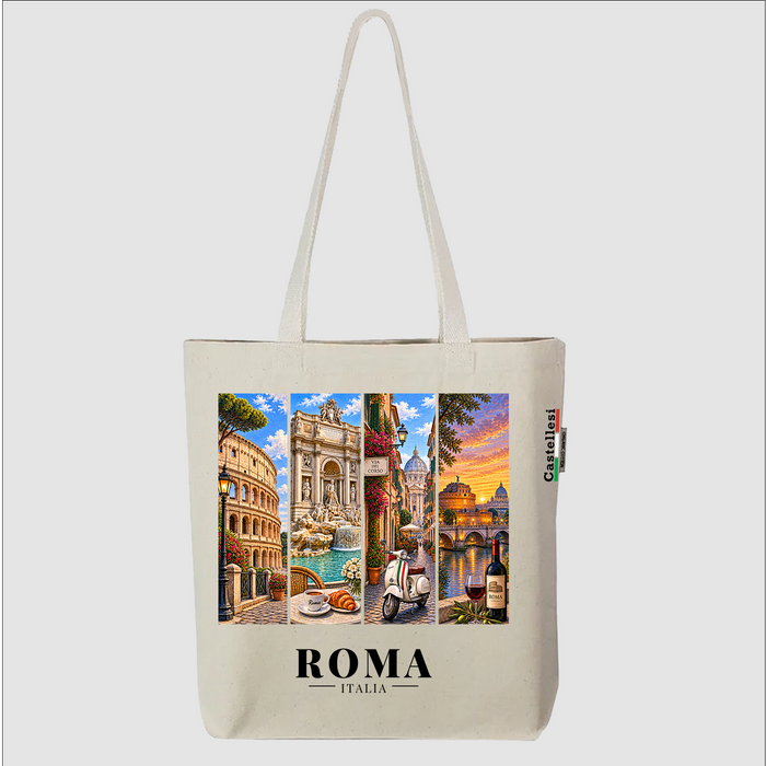 Castellesi Roma Cartoline tote with four-panel Roma cityscape design