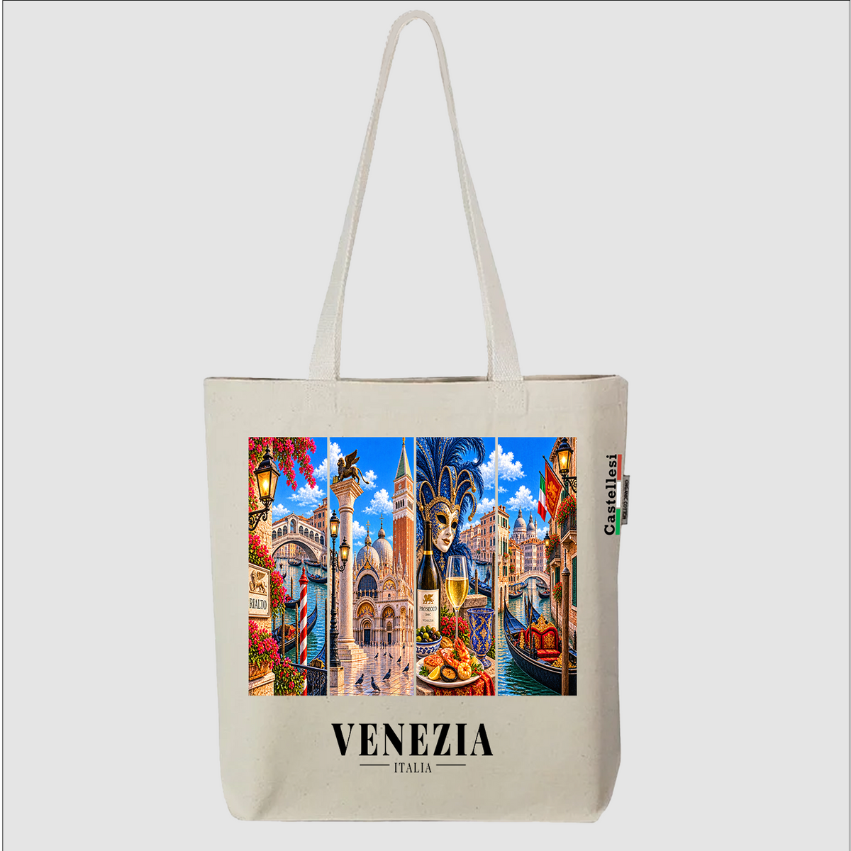 Castellesi Venezia Cartoline tote with four-panel Venezia cityscape design