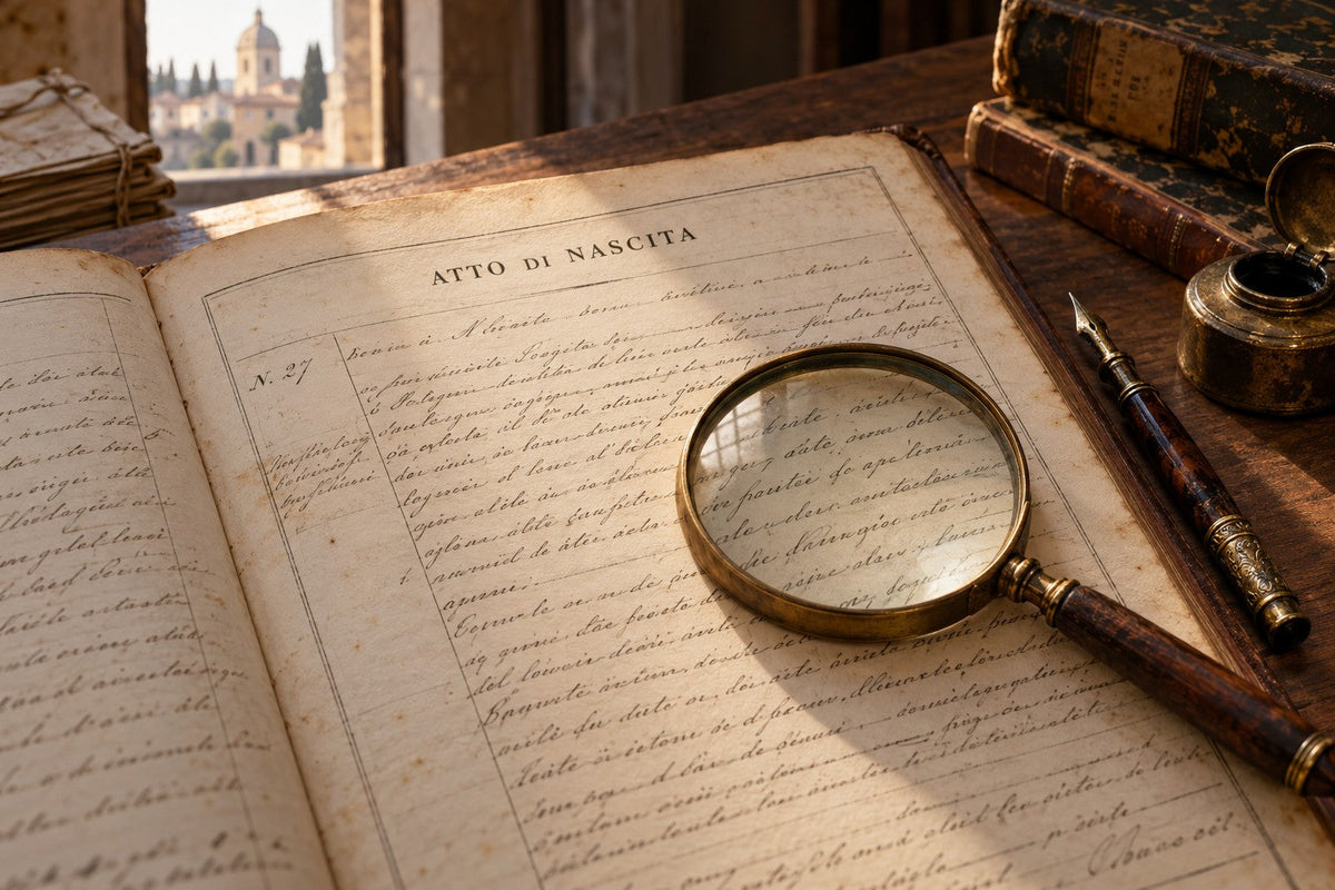 An Italian atto di nascita register with a magnifying glass