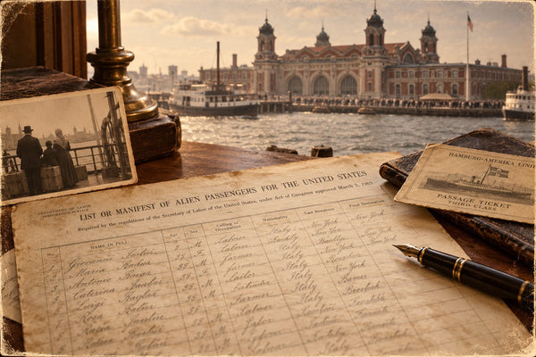 A passenger manifest on a desk overlooking Ellis Island