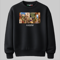 Castellesi Assisi Cartoline sweatshirt in black with four-panel Assisi cityscape design