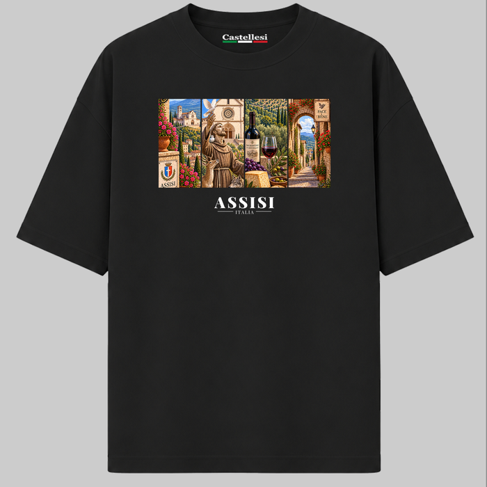 Castellesi Assisi Cartoline t-shirt in black with four-panel Assisi cityscape design