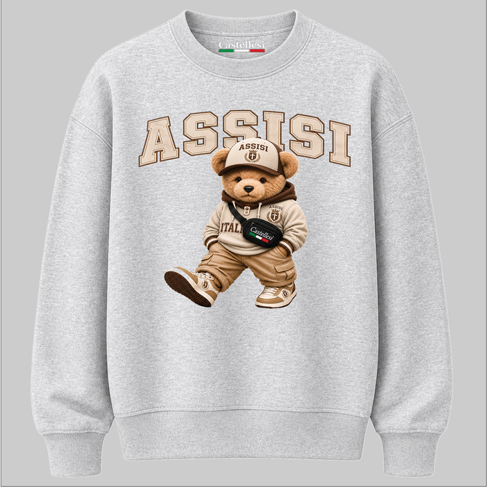 Castellesi Assisi Orso sweatshirt in grey with bear mascot character design