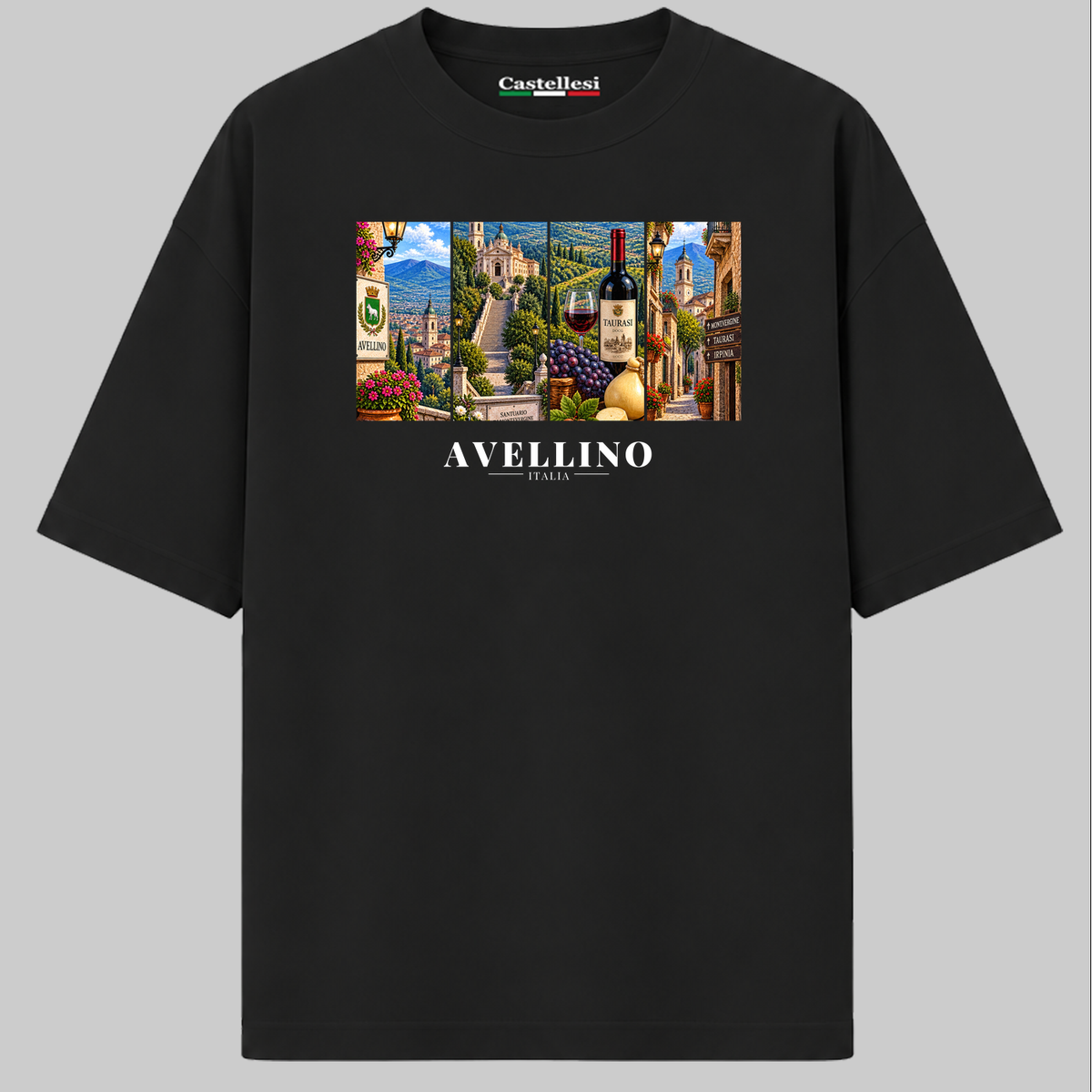 Castellesi Avellino Cartoline t-shirt in white with four-panel Avellino cityscape design