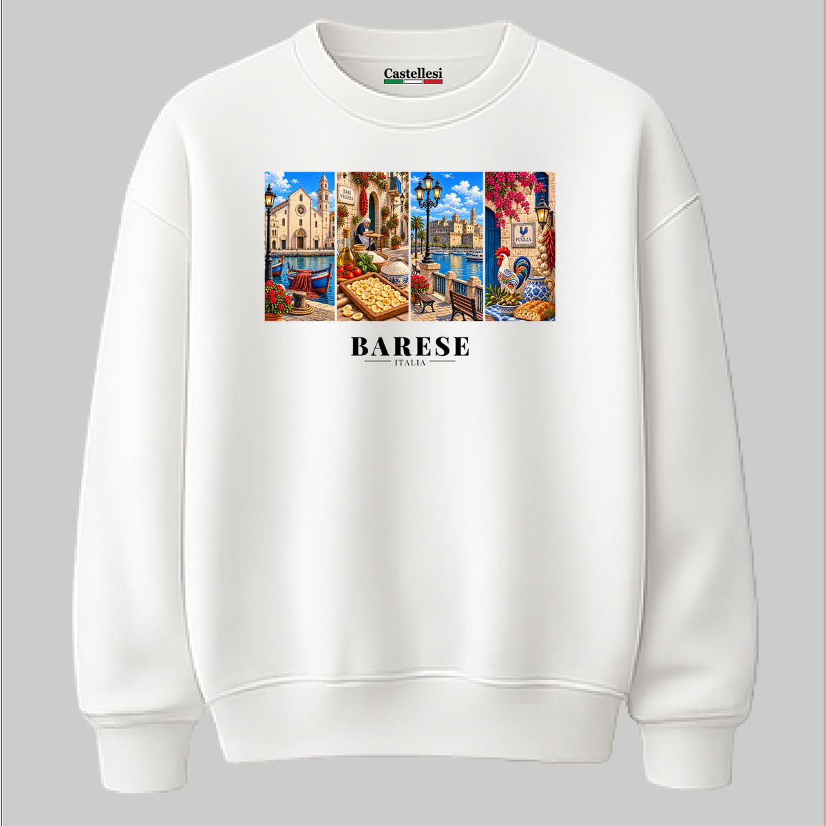 Castellesi Barese Cartoline sweatshirt in white with four-panel Barese cityscape design