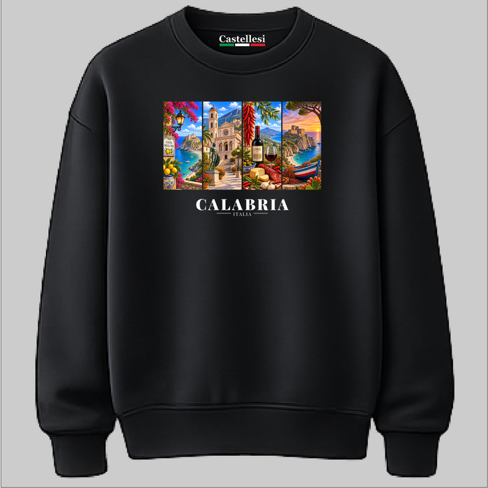 Castellesi Calabria Cartoline sweatshirt in black with four-panel Calabria cityscape design