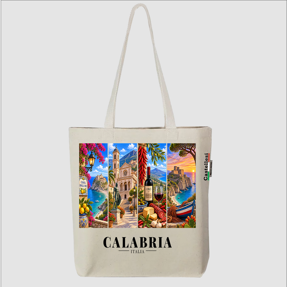 Castellesi Calabria Cartoline tote with four-panel Calabria cityscape design