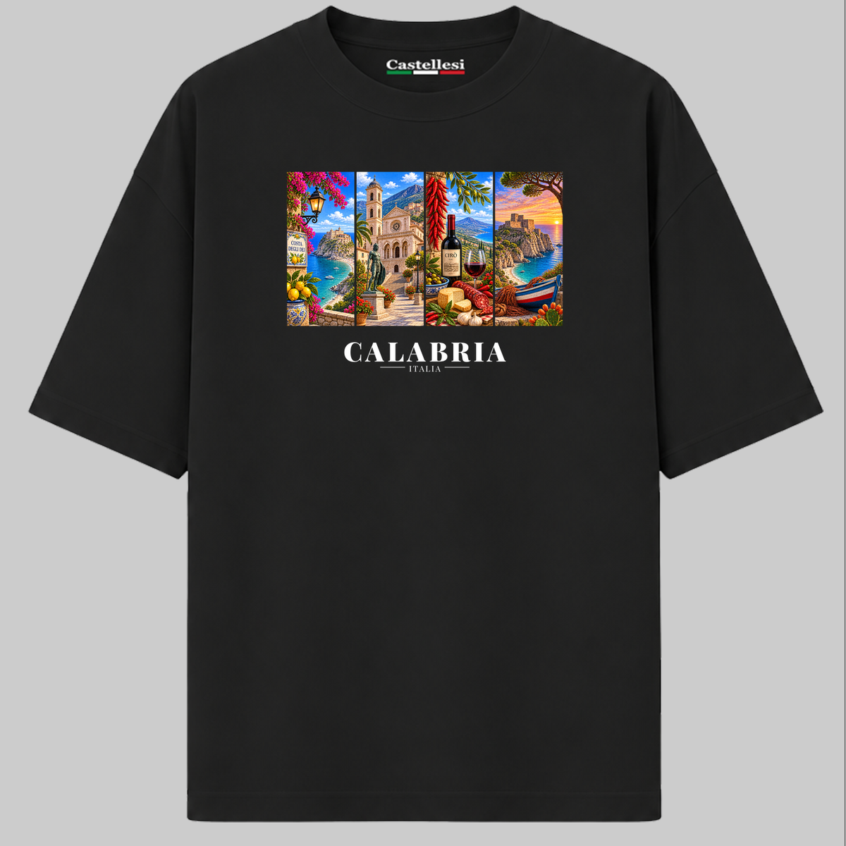 Castellesi Calabria Cartoline t-shirt in white with four-panel Calabria cityscape design