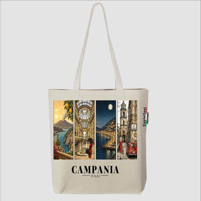 Castellesi Campania Cartoline tote with four-panel Campania cityscape design