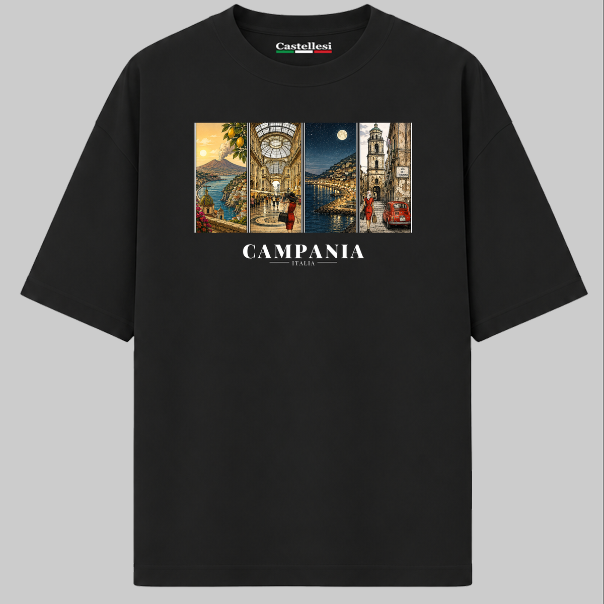 Castellesi Campania Cartoline t-shirt in black with four-panel Campania cityscape design