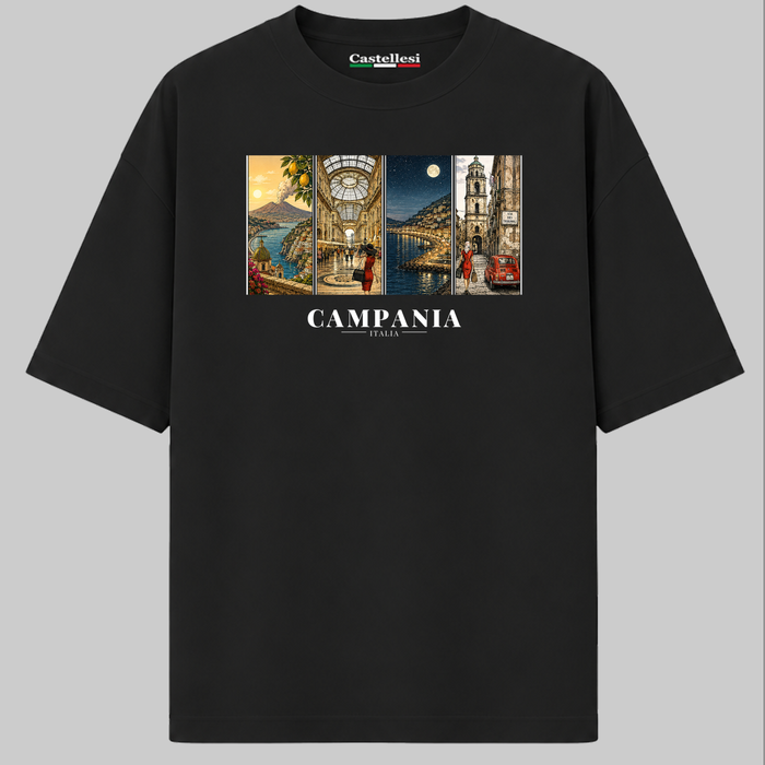 Castellesi Campania Cartoline t-shirt in black with four-panel Campania cityscape design