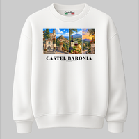 Castellesi Castel Baronia Cartoline sweatshirt in white with four-panel Castel Baronia cityscape design