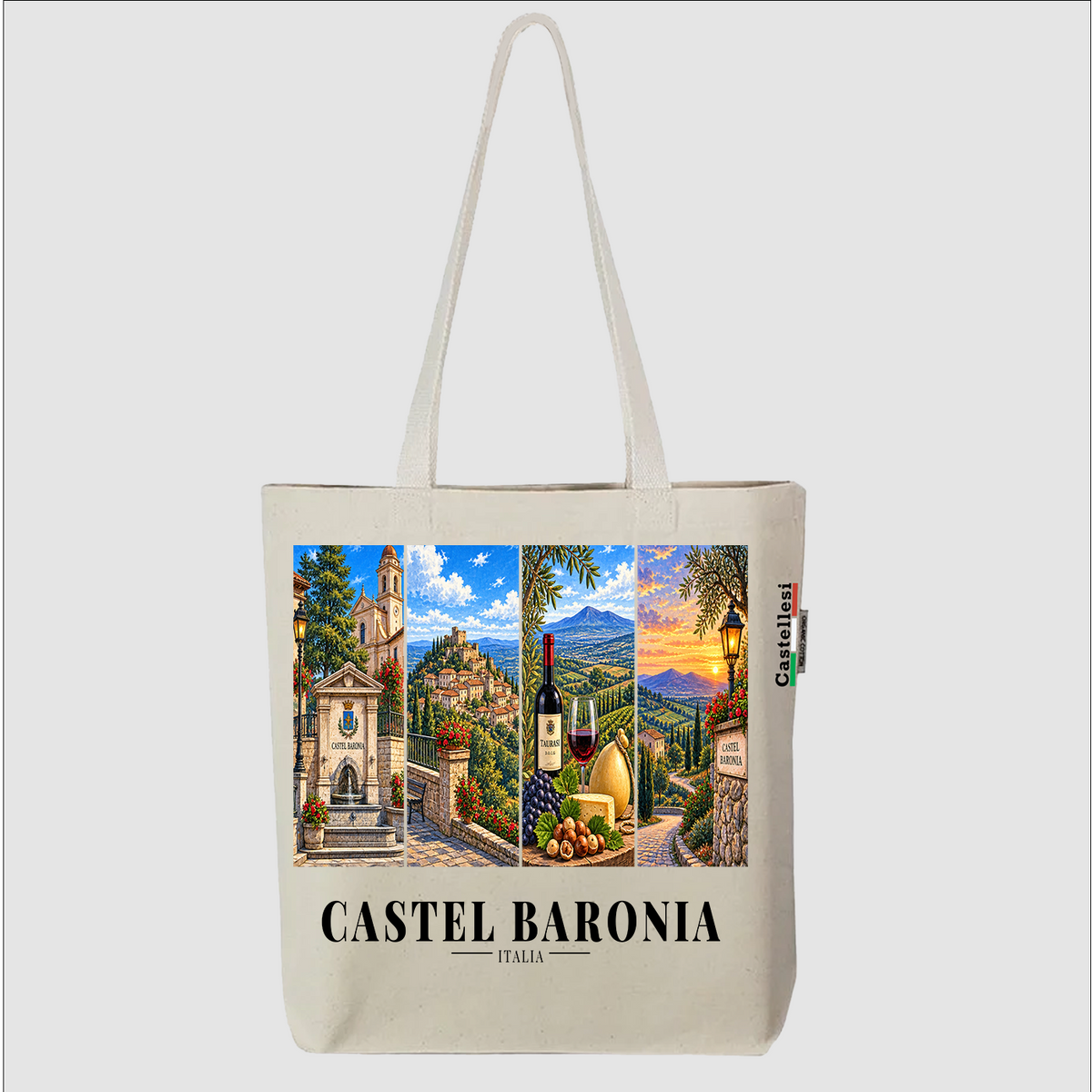 Castellesi Castel Baronia Cartoline tote with four-panel Castel Baronia cityscape design