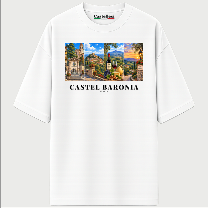 Castellesi Castel Baronia Cartoline t-shirt in white with four-panel Castel Baronia cityscape design
