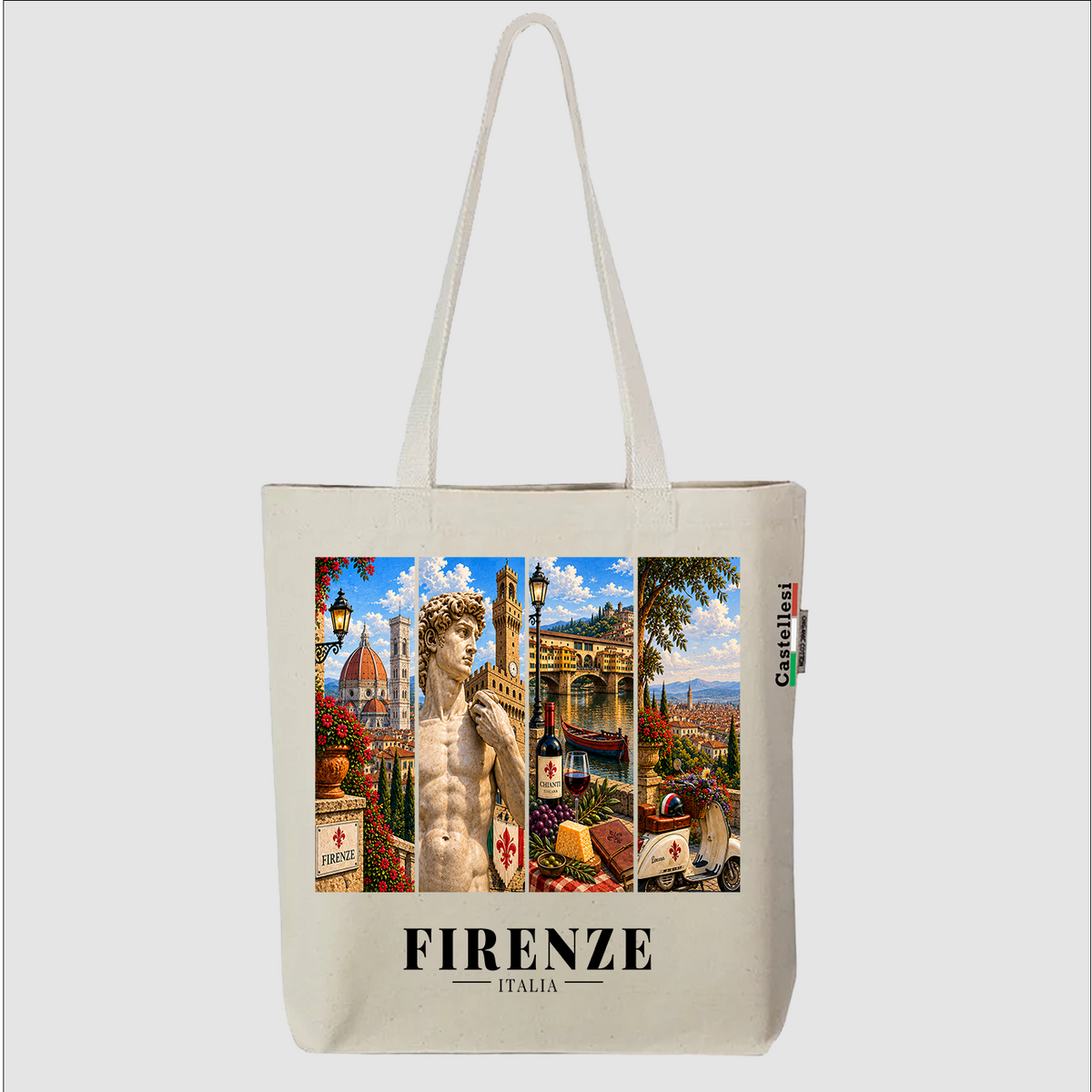 Castellesi Firenze Cartoline tote with four-panel Firenze cityscape design