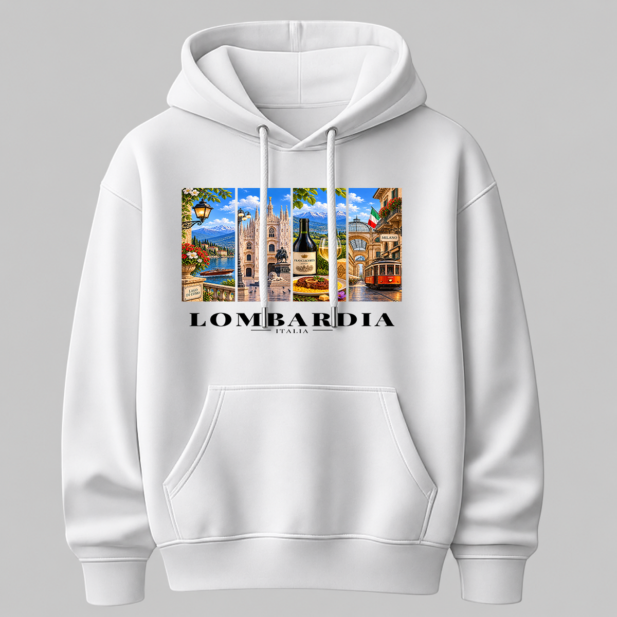 Castellesi Lombardia Cartoline hoodie in black with four-panel Lombardia cityscape design