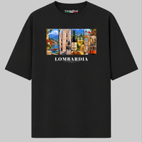 Castellesi Lombardia Cartoline t-shirt in black with four-panel Lombardia cityscape design