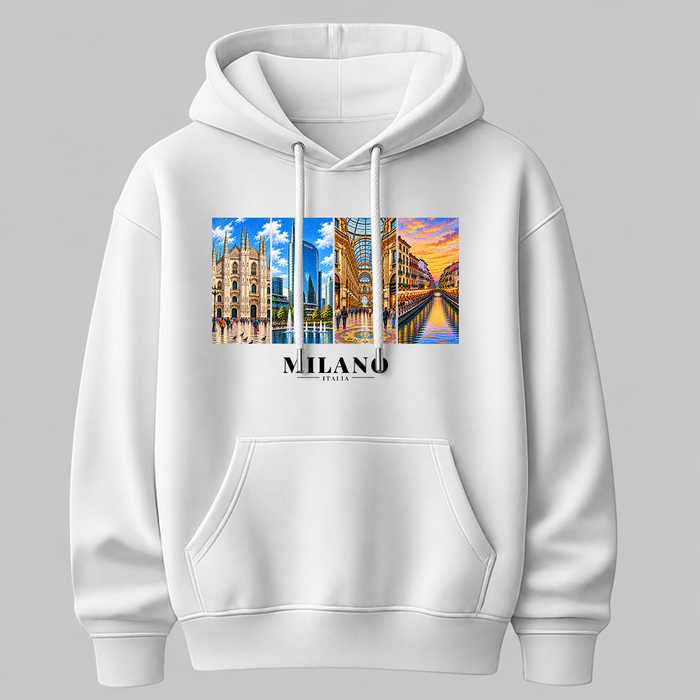 Castellesi Milano Cartoline hoodie in white with four-panel Milano cityscape design