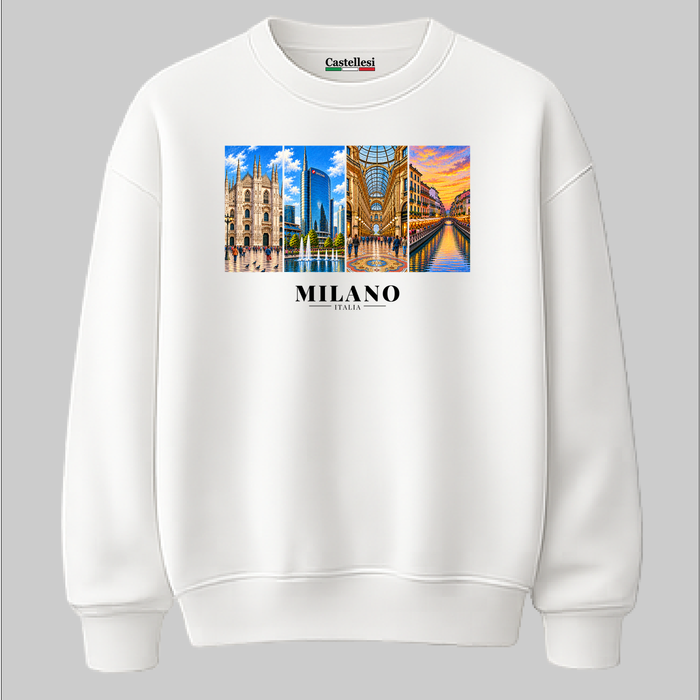 Castellesi Milano Cartoline sweatshirt in white with four-panel Milano cityscape design