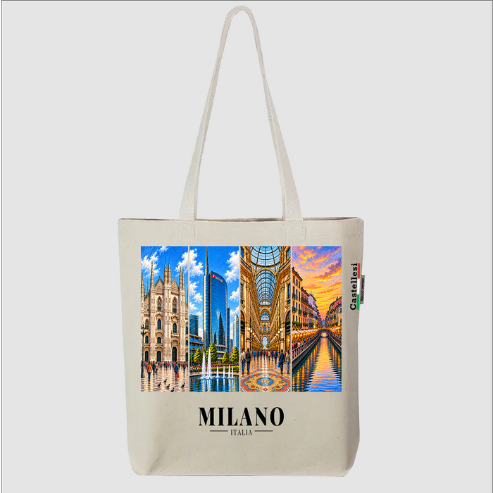 Castellesi Milano Cartoline tote with four-panel Milano cityscape design