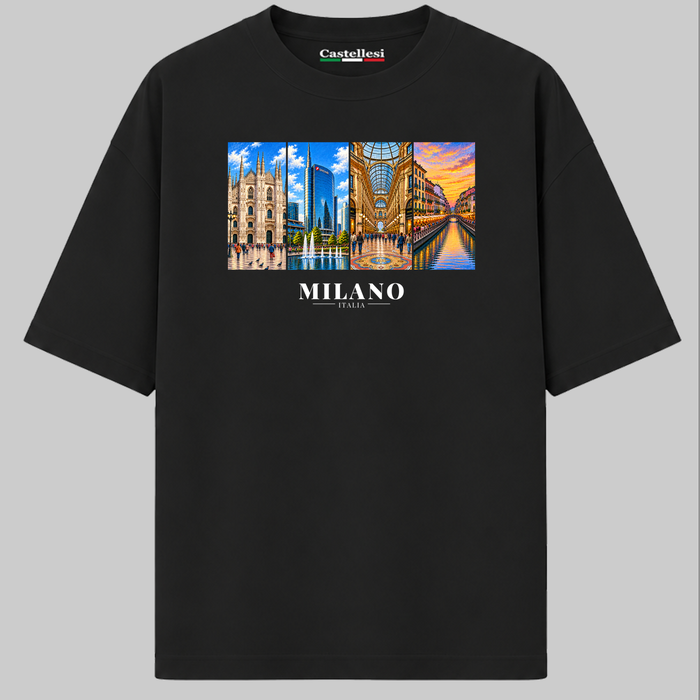 Castellesi Milano Cartoline t-shirt in black with four-panel Milano cityscape design