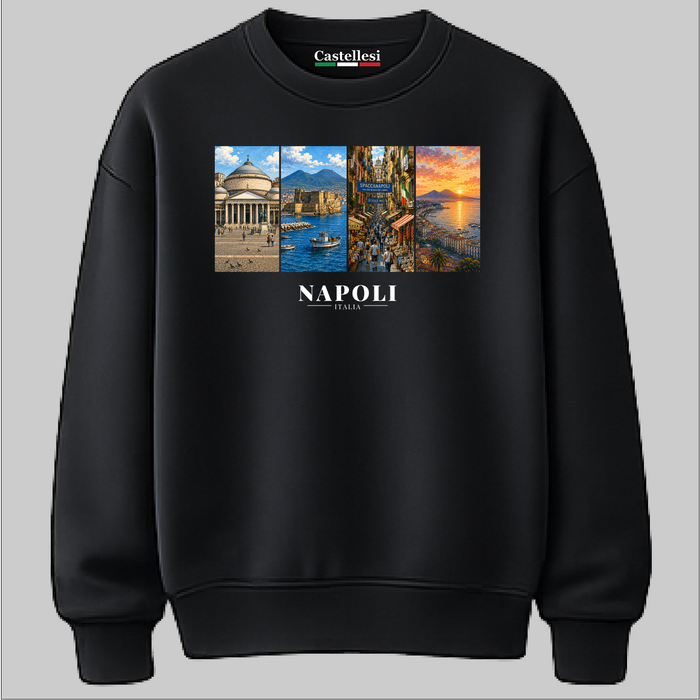 Castellesi Napoli Cartoline sweatshirt in black with four-panel Napoli cityscape design
