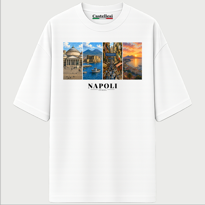 Castellesi Napoli Cartoline t-shirt in white with four-panel Napoli cityscape design