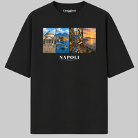 Castellesi Napoli Cartoline t-shirt in black with four-panel Napoli cityscape design