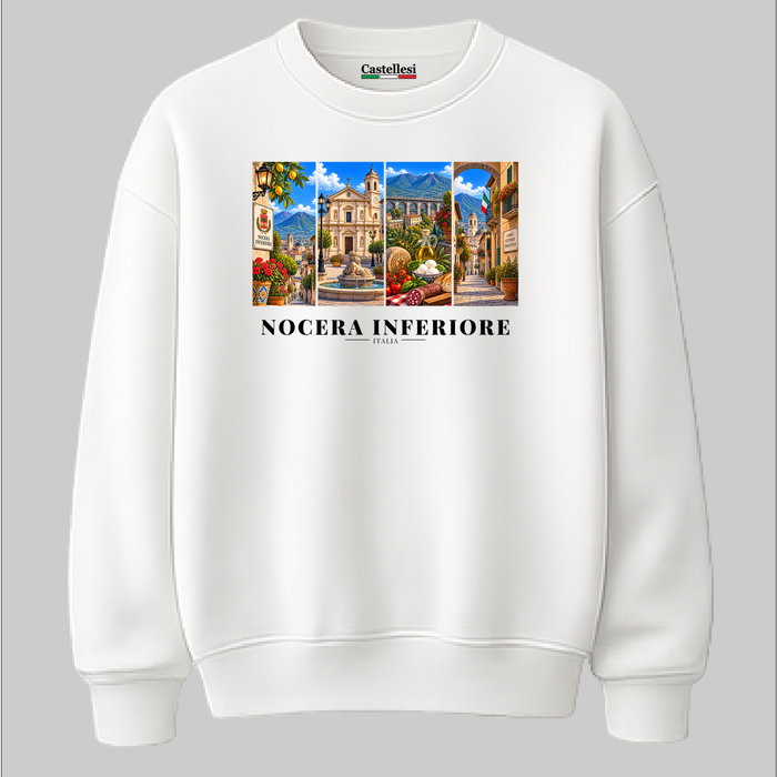 Castellesi Nocera Inferiore Cartoline sweatshirt in white with four-panel Nocera Inferiore cityscape design