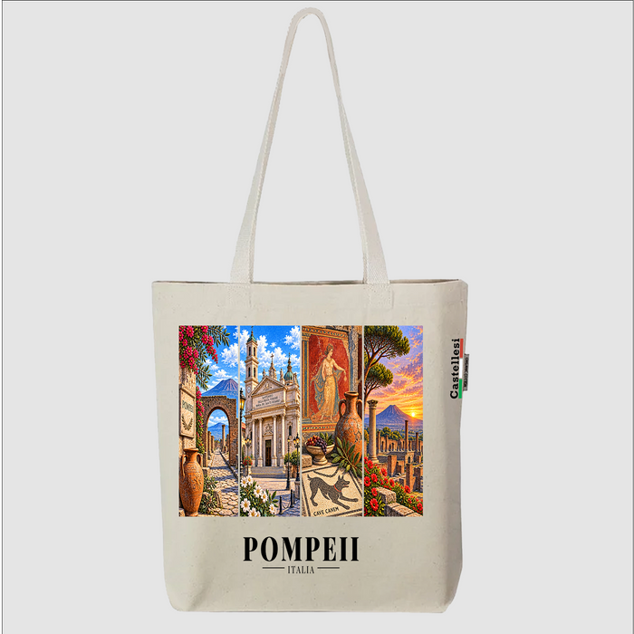 Castellesi Pompeii Cartoline tote with four-panel Pompeii cityscape design
