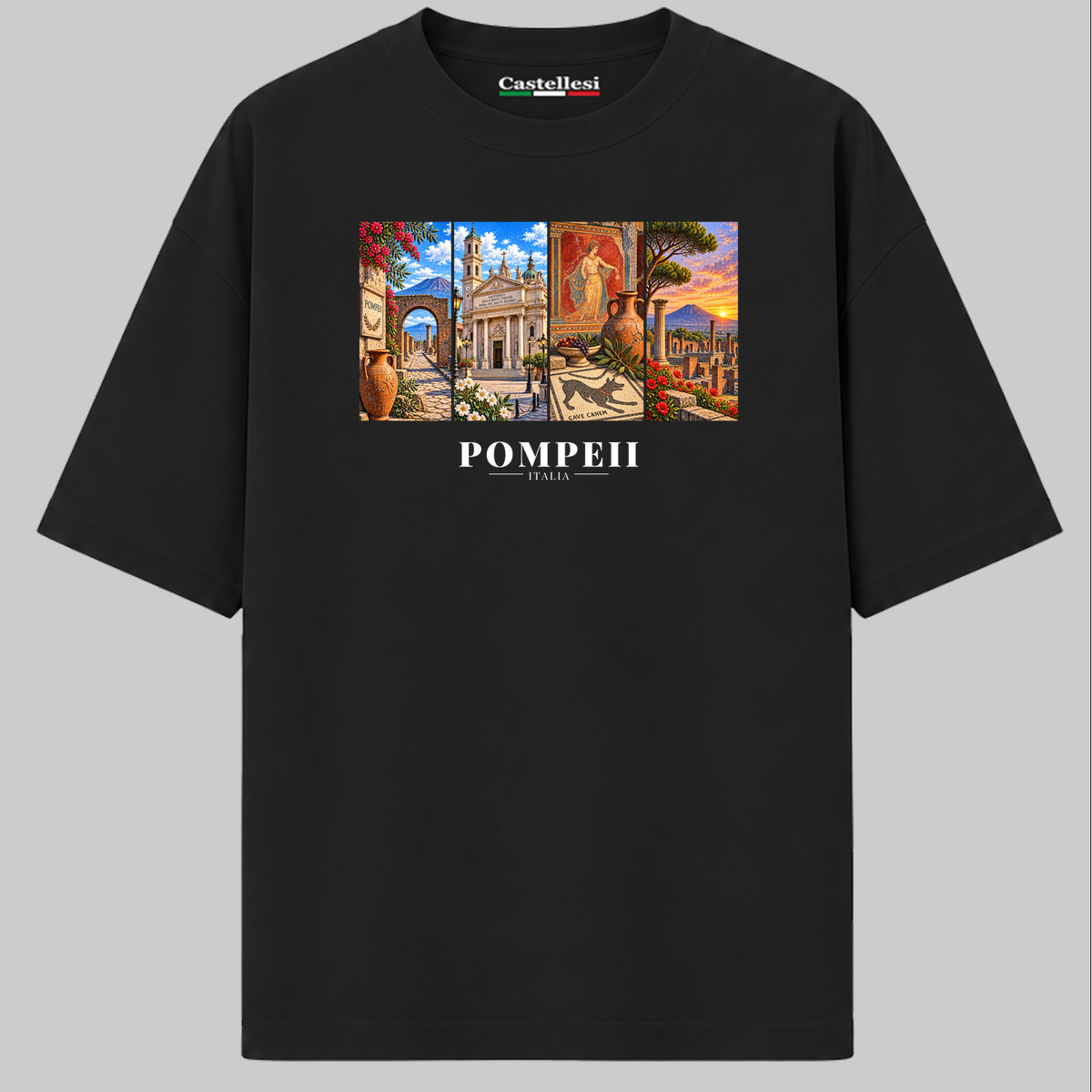 Castellesi Pompeii Cartoline t-shirt in white with four-panel Pompeii cityscape design