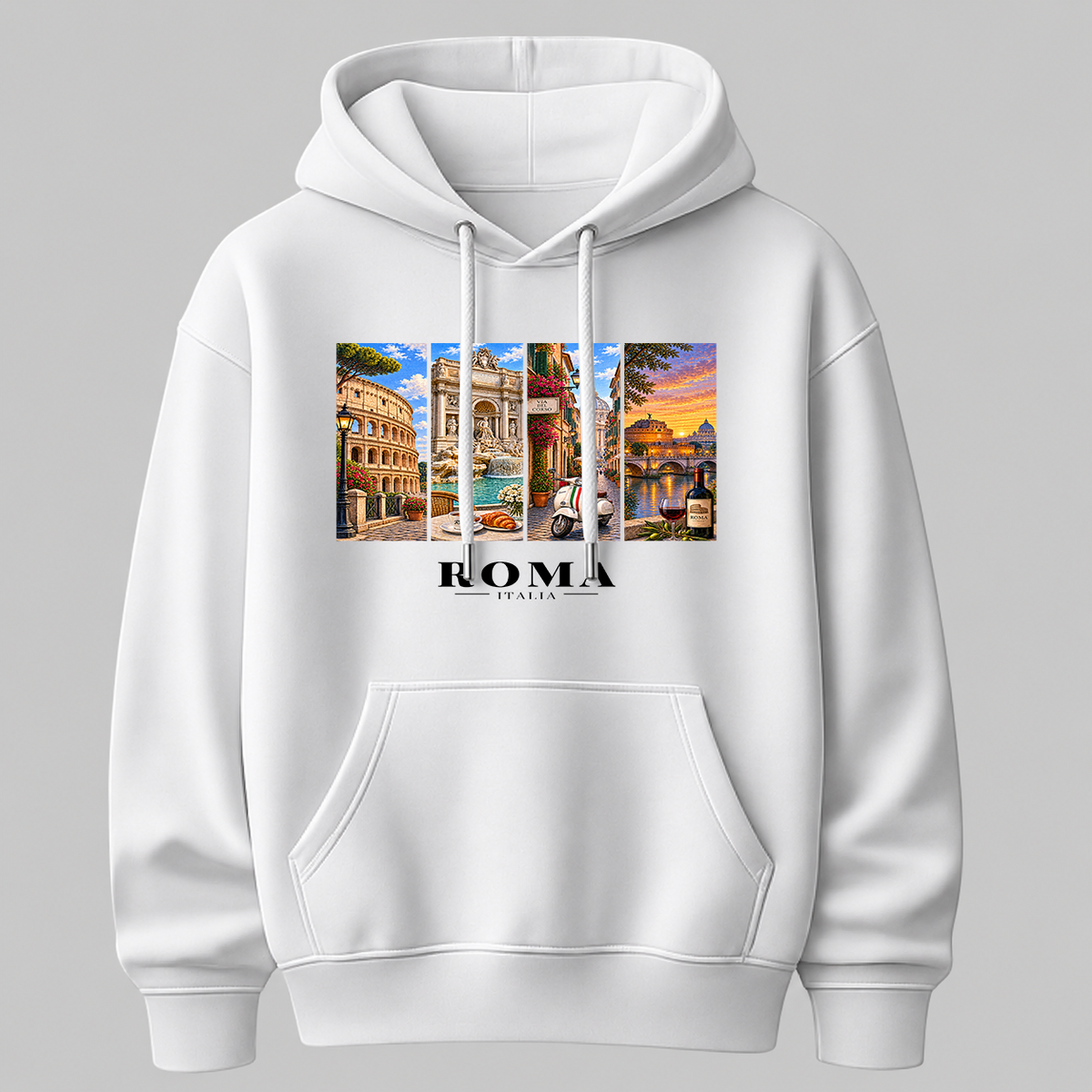 Castellesi Roma Cartoline hoodie in white with four-panel Roma cityscape design