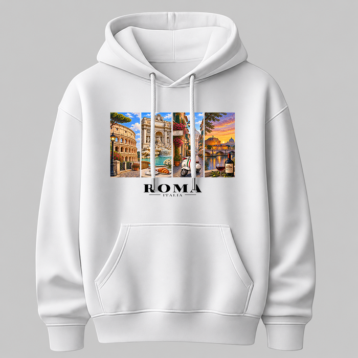 Castellesi Roma Cartoline hoodie in white with four-panel Roma cityscape design