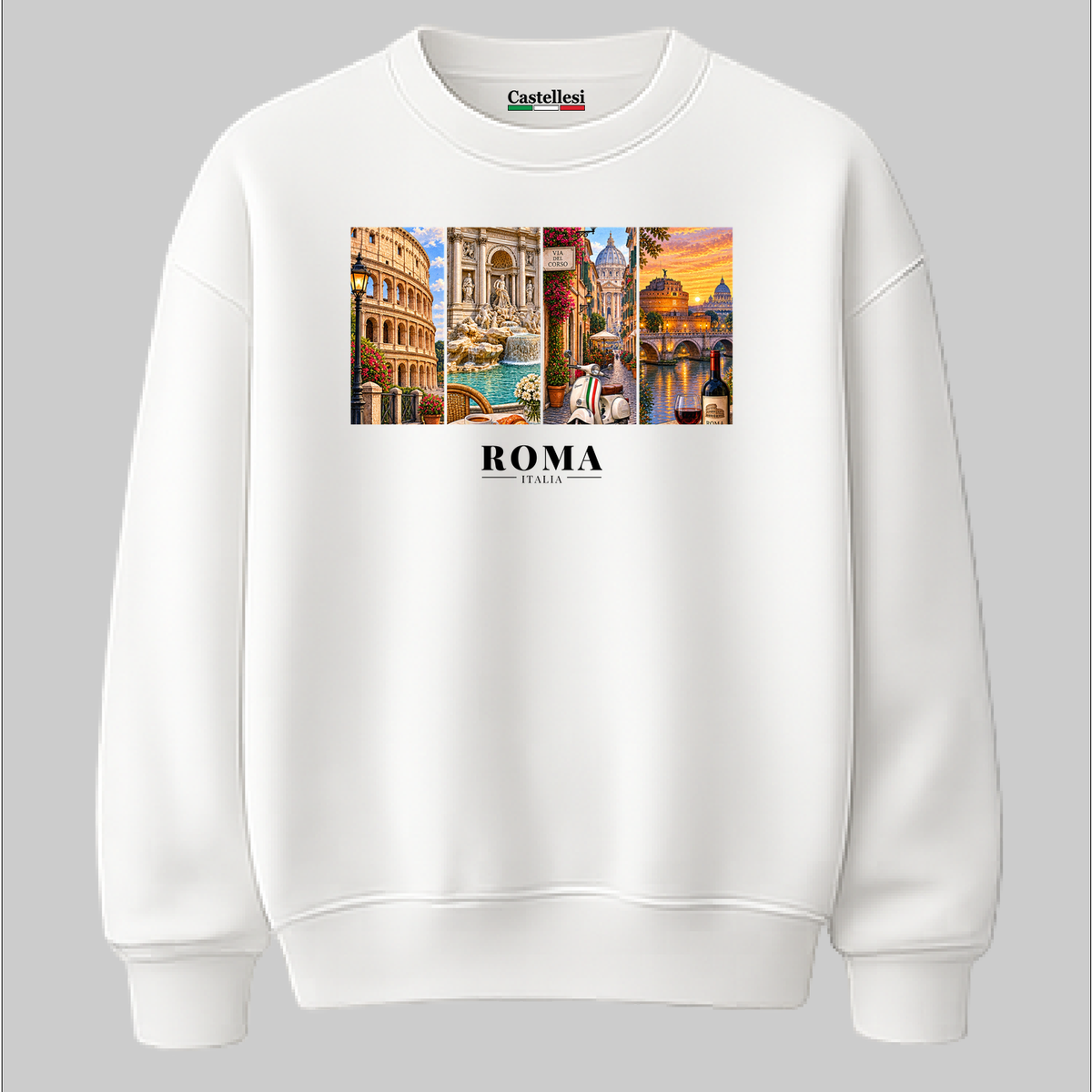 Castellesi Roma Cartoline sweatshirt in white with four-panel Roma cityscape design