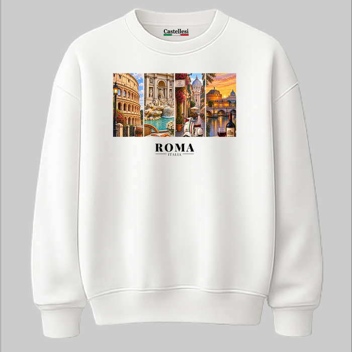 Castellesi Roma Cartoline sweatshirt in white with four-panel Roma cityscape design