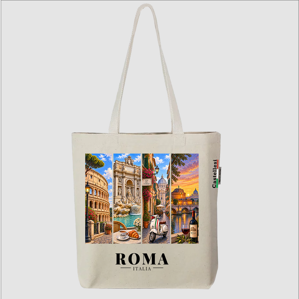 Castellesi Roma Cartoline tote with four-panel Roma cityscape design