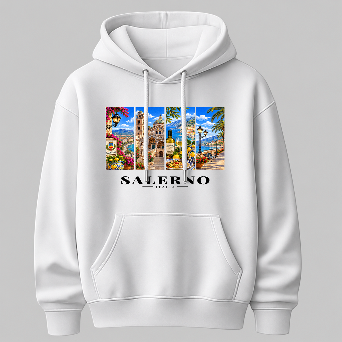 Castellesi Salerno Cartoline hoodie in black with four-panel Salerno cityscape design