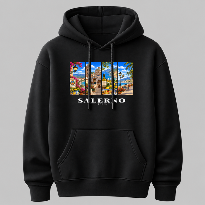 Castellesi Salerno Cartoline hoodie in black with four-panel Salerno cityscape design