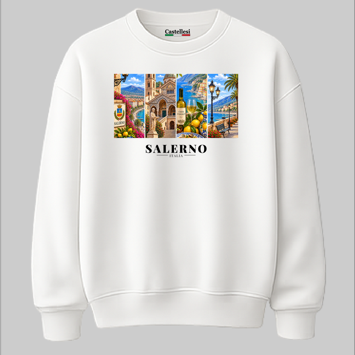 Castellesi Salerno Cartoline sweatshirt in black with four-panel Salerno cityscape design