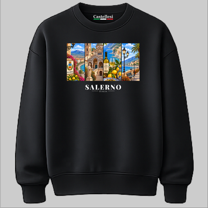 Castellesi Salerno Cartoline sweatshirt in black with four-panel Salerno cityscape design