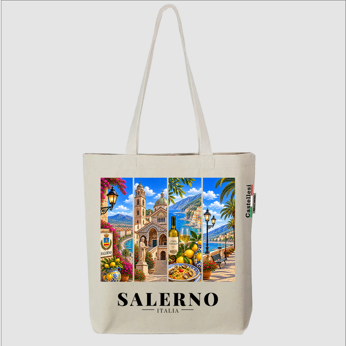 Castellesi Salerno Cartoline tote with four-panel Salerno cityscape design