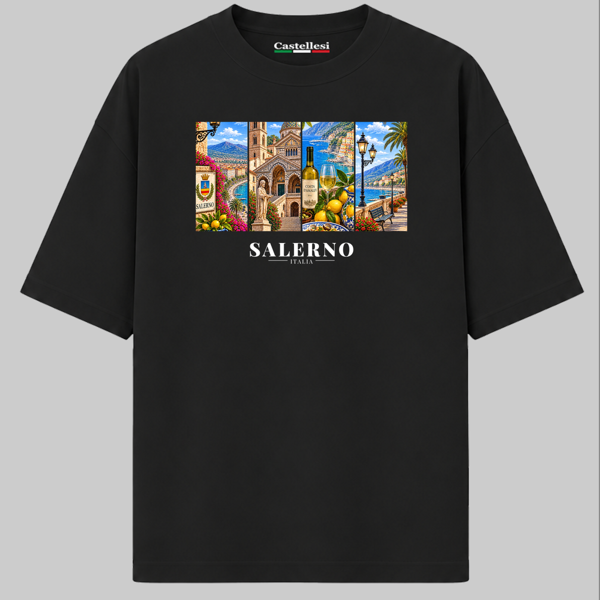Castellesi Salerno Cartoline t-shirt in white with four-panel Salerno cityscape design
