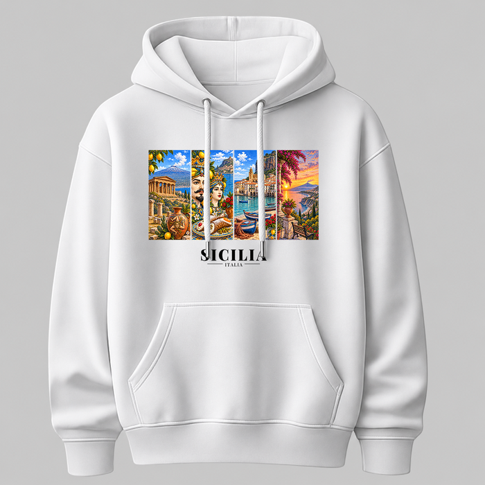 Castellesi Sicilia Cartoline hoodie in white with four-panel Sicilia cityscape design