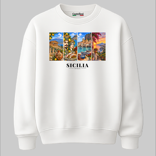 Castellesi Sicilia Cartoline sweatshirt in white with four-panel Sicilia cityscape design